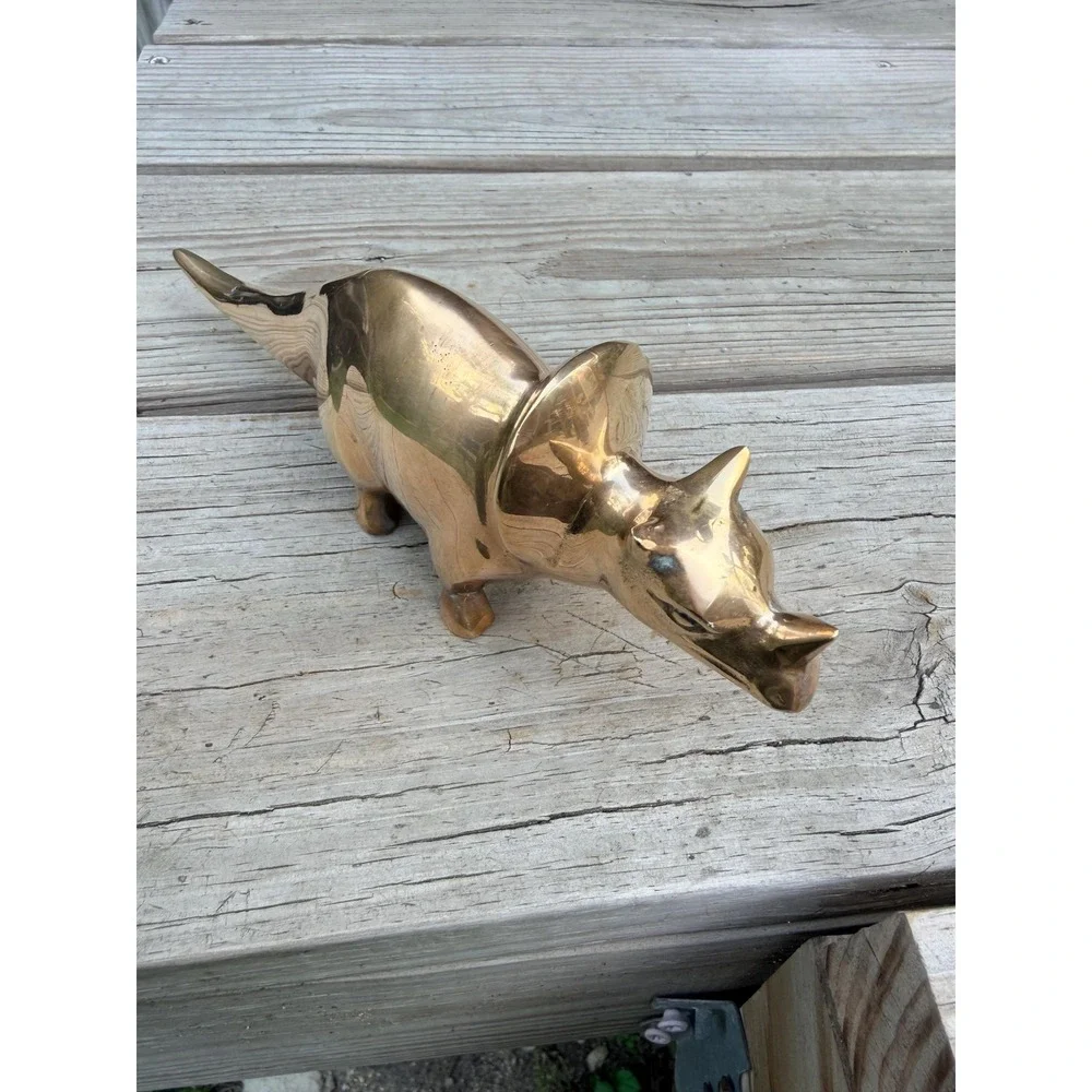 Solid Brass Triceratops Figurine | Vintage Korean Dinosaur Sculpture, Dark Acade